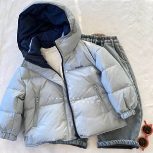 【中童110-160】连帽双面穿男童外套冬女宝撞色保暖羽绒服上衣