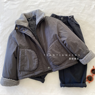 【中童100-150码】韩版大口袋外套男童秋冬毛毛拼接翻领棉服女童