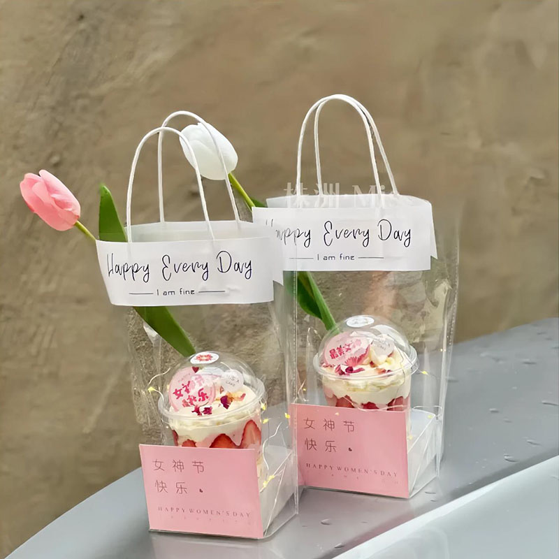 38女神节伴手礼蛋糕甜品手提袋三八女王节郁金香花束透明袋包装袋