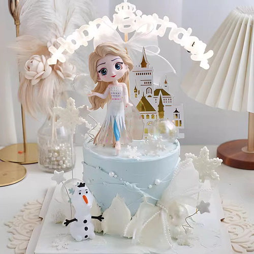 冰雪艾莎公主城堡蛋糕装饰摆件生日快乐字母发光灯女孩女生插件