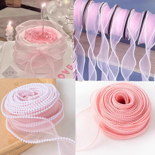 粉色珍珠丝带蛋糕围边装饰