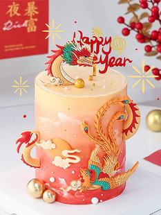 中国风新年蛋糕装饰摆件软胶飞龙在天龙凤呈祥跨年龙年插件