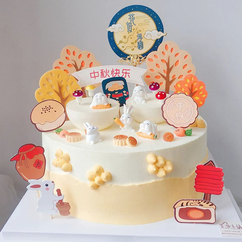 中秋节玉兔蛋糕装饰摆件卡通小白兔祥云月饼插件花好月圆节日插牌