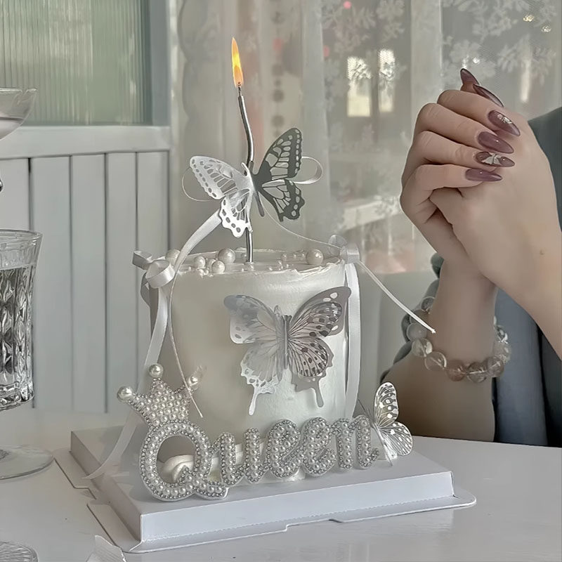 3.8女神节珍珠queen蛋糕装饰摆件幻彩蝴蝶三八女王节烘焙装扮插件