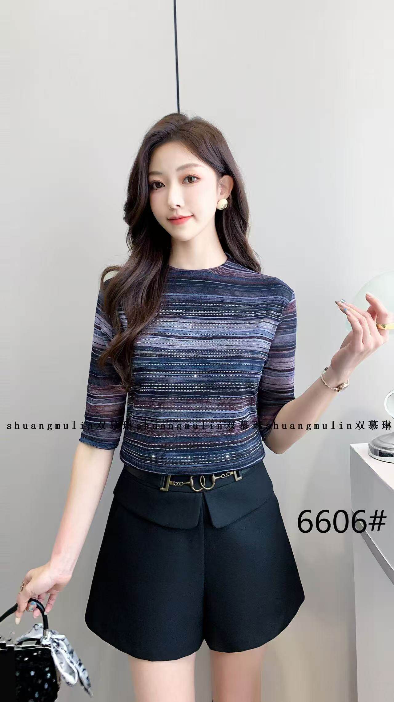 SML 6606 6609 6618春夏季百搭烫钻双层弹力网纱中袖圆领女打底衫