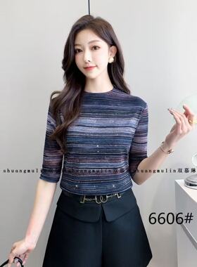 SML 6606 6609 6618春夏季百搭烫钻双层弹力网纱中袖圆领女打底衫
