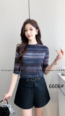 SML 6606 6609 6618春夏季百搭烫钻双层弹力网纱中袖圆领女打底衫