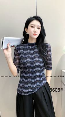 SML 8608 秋冬季新款百搭烫钻双层弹力网纱长袖中袖立领女打底衫