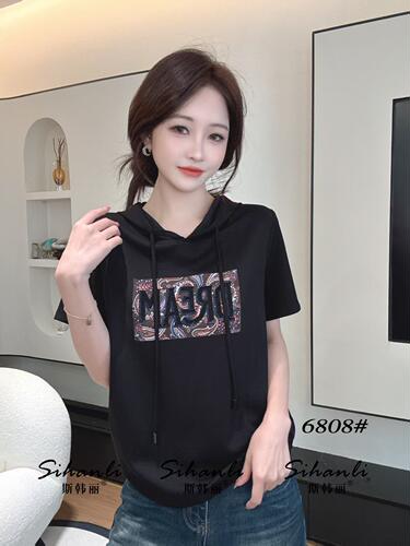 YMZ6808春夏季新款时尚休闲连帽大码T恤女短袖上衣遮肚子洋气
