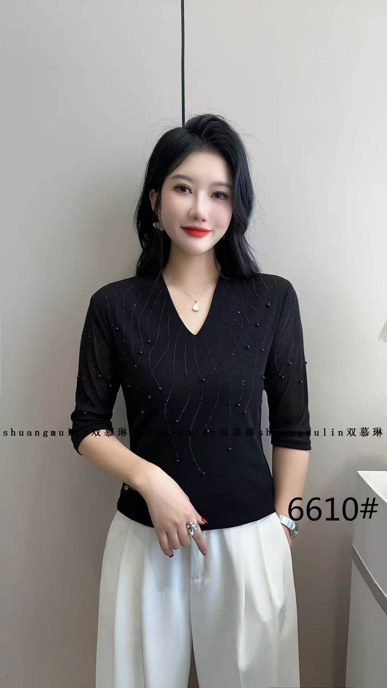 SML 6610 春夏季新款百搭烫钻双层弹力网纱长袖中袖V领女打底衫