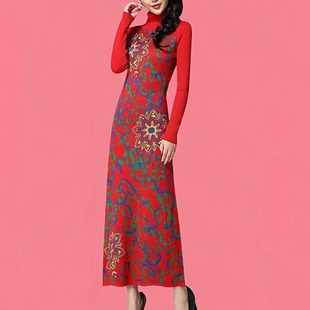 秋冬高端轻奢时尚民族风重工提花针织裙女高领保暖气质毛衣连衣裙