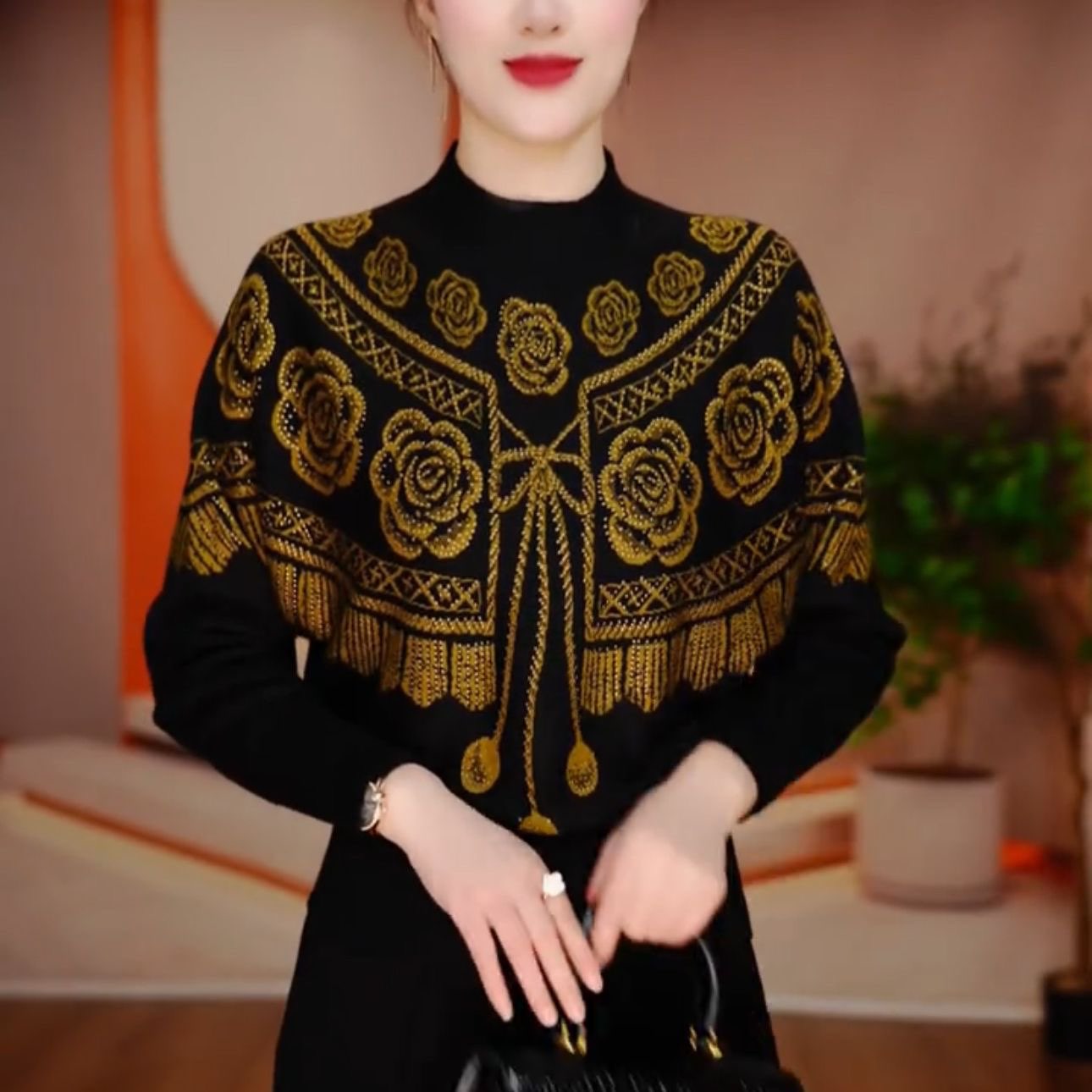 提花烫钻百搭针织毛衣打底衫上衣