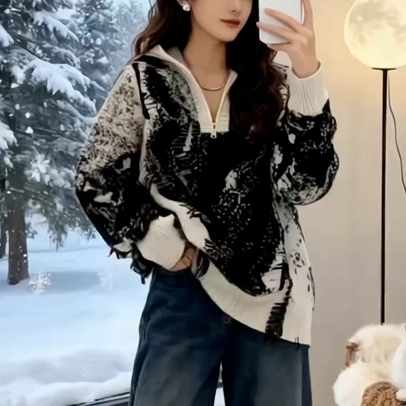 扎染毛衣衫女连帽针织打底衫上衣