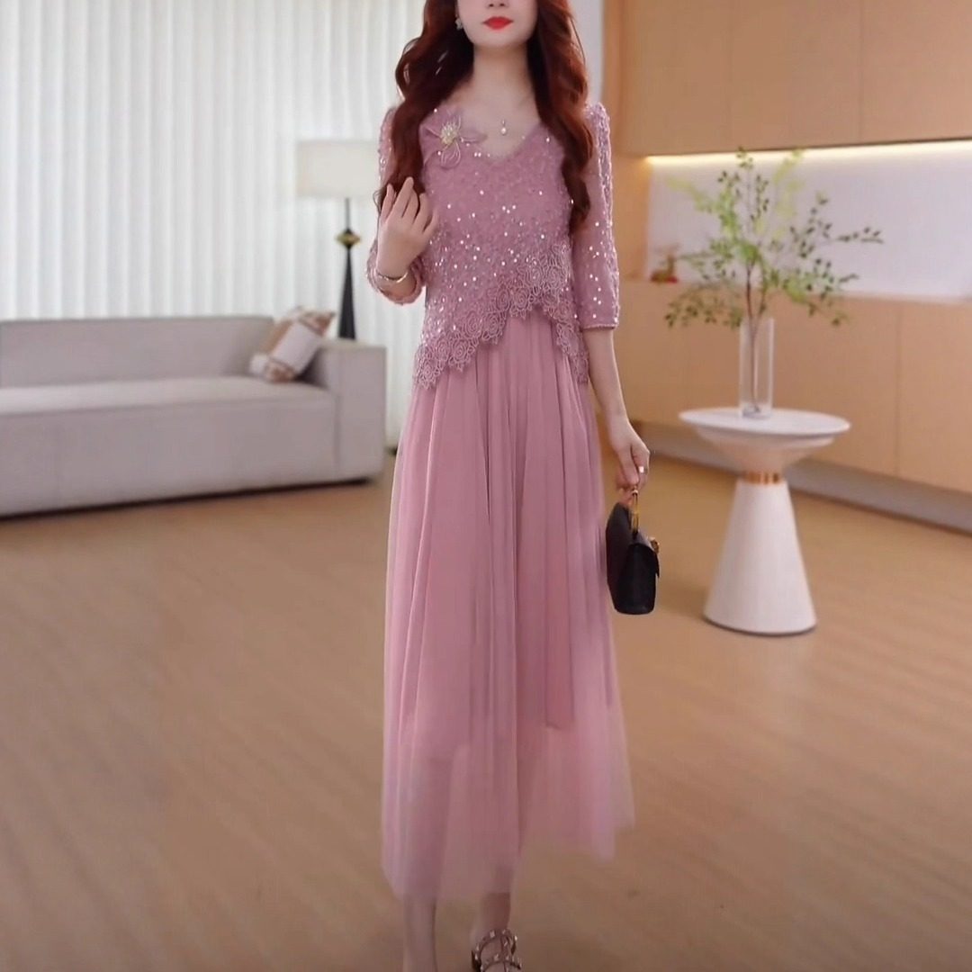 春秋新款高端时尚轻奢高级感重工珠片绣花上衣+背心连衣裙两件套