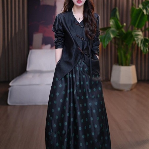 改良旗袍上衣+波点半身裙两件套