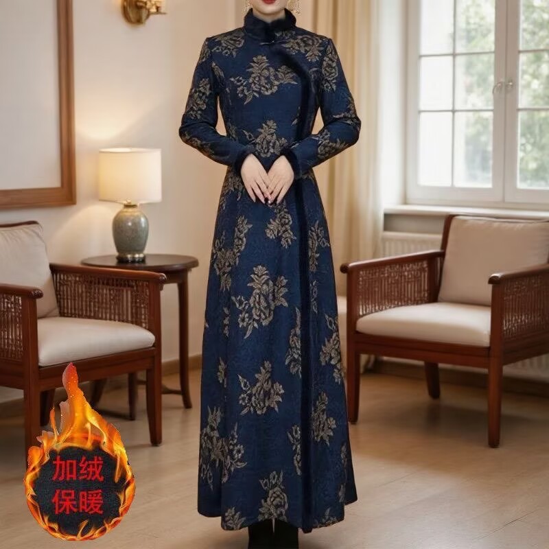 国风复古重工提花加绒加厚连衣裙