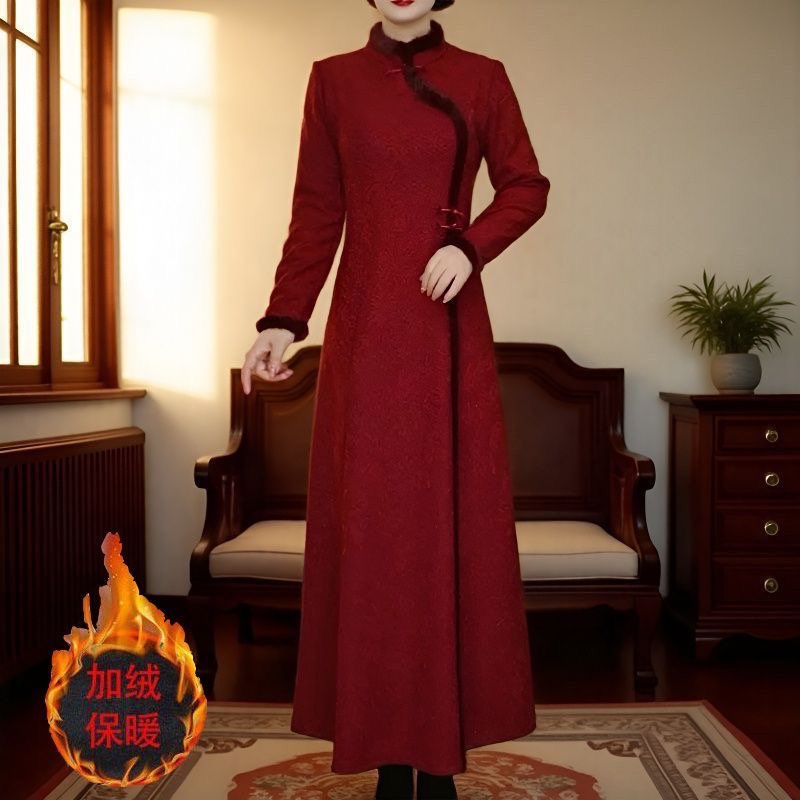 国风提花加绒加厚改良旗袍连衣裙