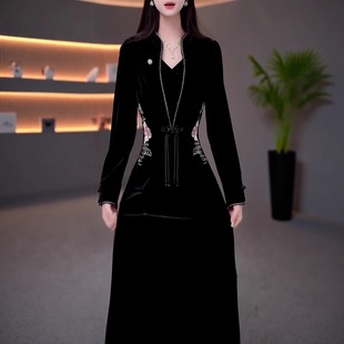 春秋新款 国风复古重工刺绣改良旗袍长裙女收腰显瘦连衣裙 高端中式