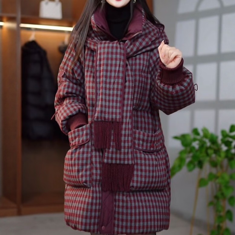 高档轻奢格纹精纺羽绒棉服大码遮肉宽松防寒保暖大衣外套帽子可拆,女装/女士精品,棉衣/棉服,淘宝优惠券,粉丝福利购,淘宝优惠卷