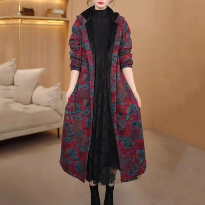 连帽印花风衣女棉麻保暖大衣外套