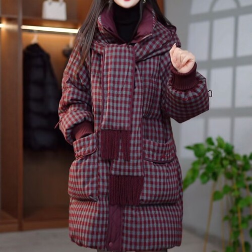 高档轻奢格纹精纺羽绒棉服外套女