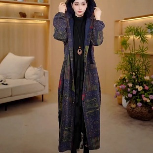 秋冬高端民族风复古加绒加厚连帽长款 印花风衣女棉麻保暖大衣外套