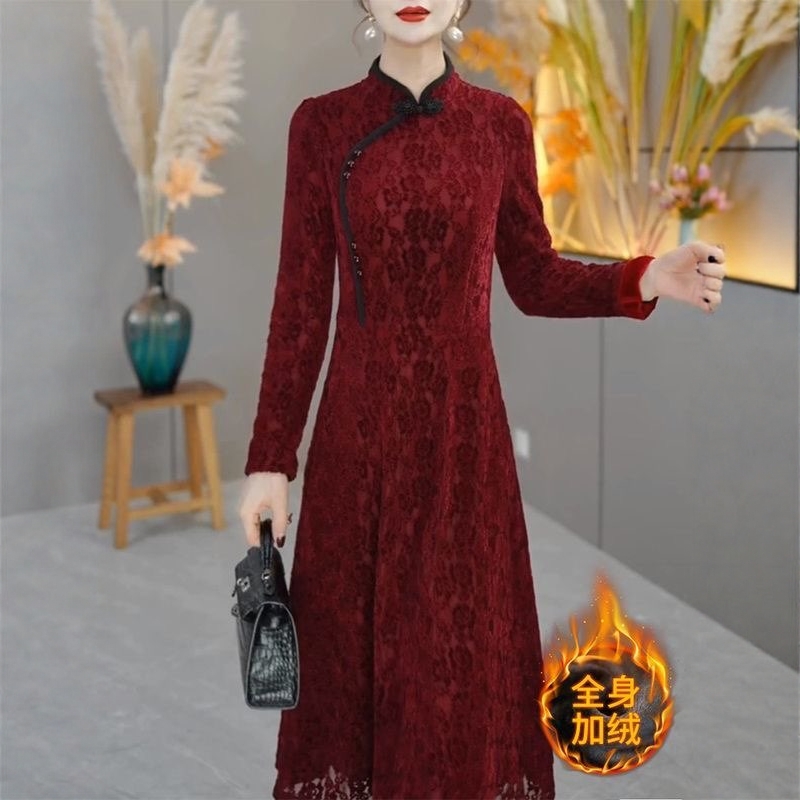 刺绣红色改良旗袍裙女优雅连衣裙