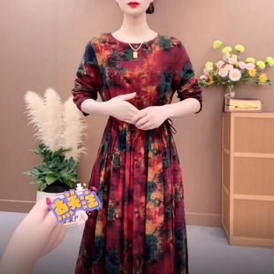 轻奢高级感文艺复古印花长袖 高端时尚 棉麻裙女宽松显瘦遮肉连衣裙