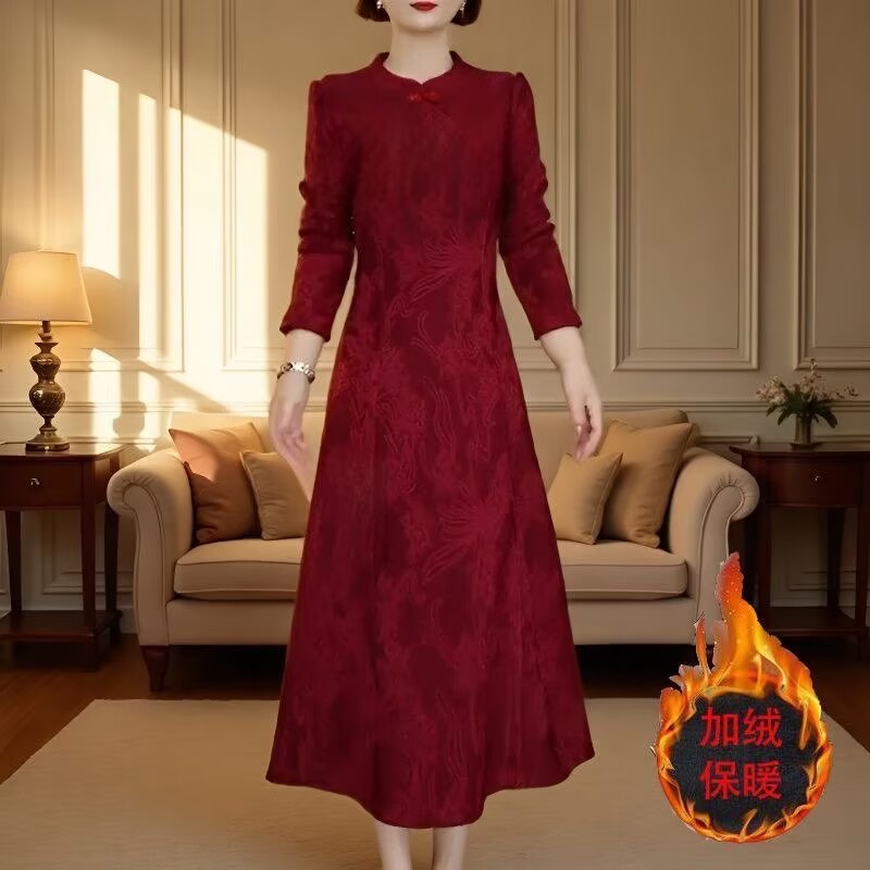 国风提花加绒加厚改良旗袍连衣裙