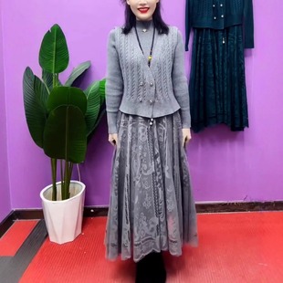 高端时尚 轻奢高级感针织马甲小外套 蕾丝拼接裙两件套女毛衣套装