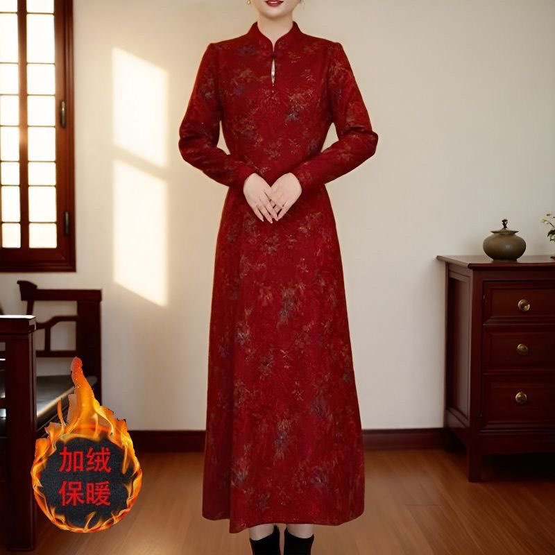 国风提花加绒加厚改良旗袍连衣裙