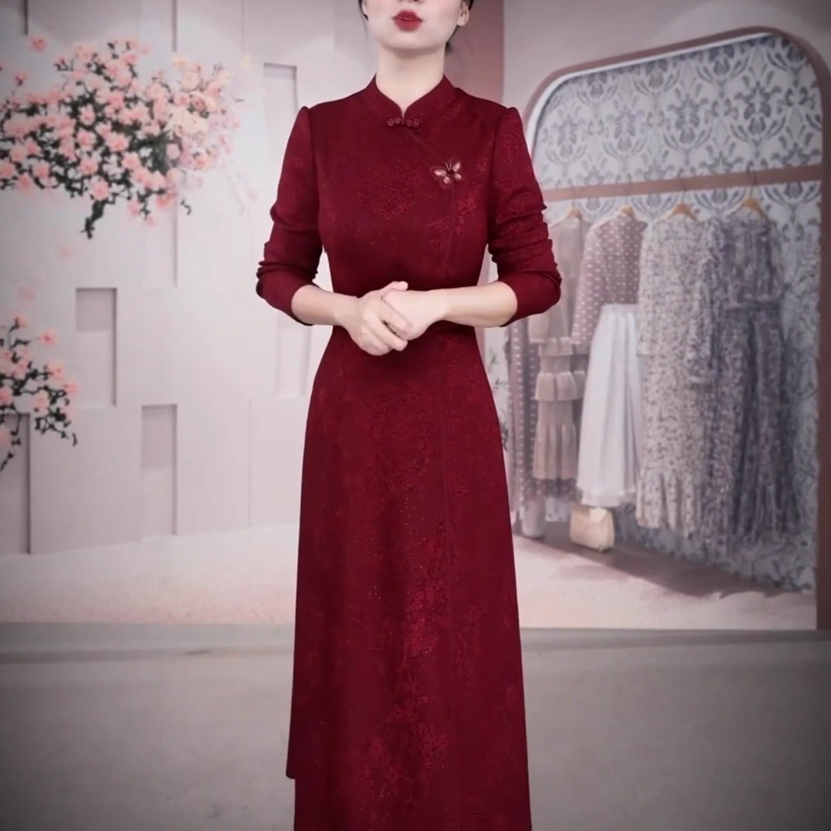 中式国风复古红色改良旗袍连衣裙