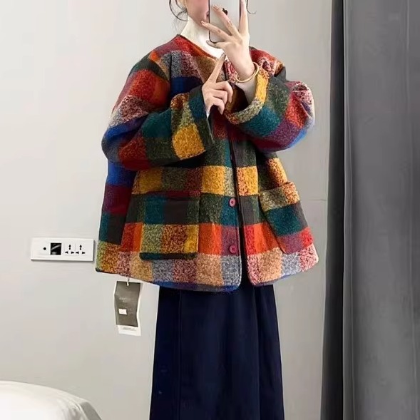复古彩色格子保暖毛呢短款外套女