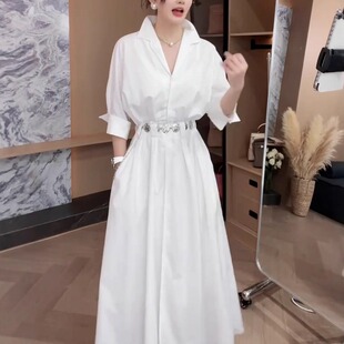 高端时尚 长裙女气质显瘦收腰优雅百搭连衣裙潮 气质高级感白色衬衫