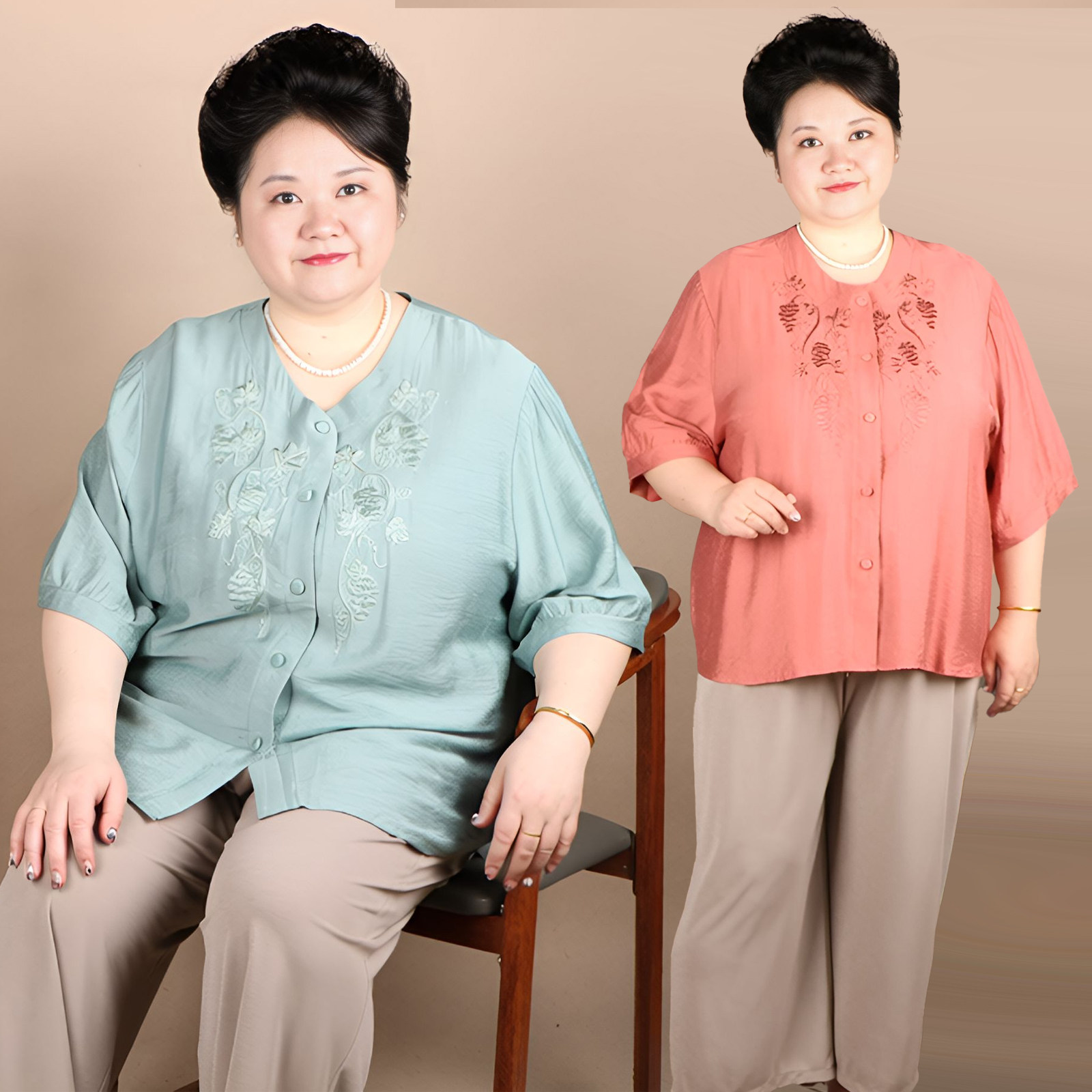 50-60岁中老年女士夏装胖妈妈中袖圆领衬衫加肥加大码上衣服套装