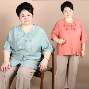 50-60岁中老年女士夏装胖妈妈中袖圆领衬衫加肥加大码上衣服套装