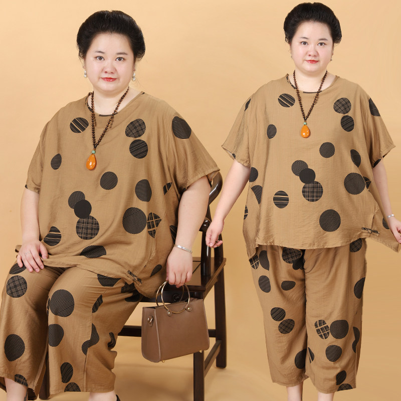 特胖妈妈200多斤夏装睡衣中老年人女全棉短袖T恤加肥加大纯棉套装