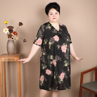 胖mm200斤加肥加大码中长款连衣裙中老年女装夏季短袖妈妈装裙子
