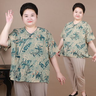 新中式 衬衣薄款 时尚 中老年人加大码 奶奶宽松夏装 胖妈妈短袖 T恤衫