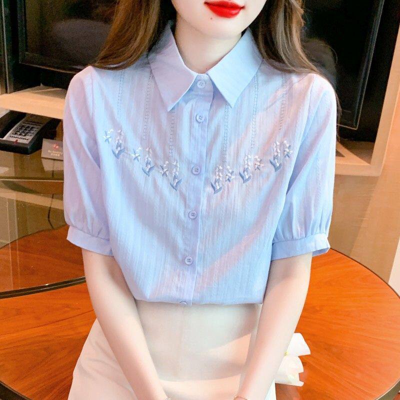 纯棉衬衫女洋气全棉短袖夏季20衬衫