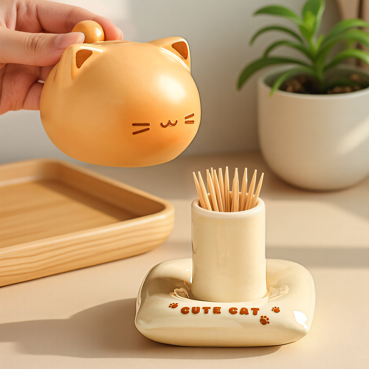 多功能可爱猫咪造型牙签筒创意卡通陶瓷餐具收纳盒多巴胺网红款