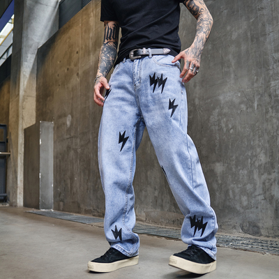 美式高街闪电刺绣牛仔裤男