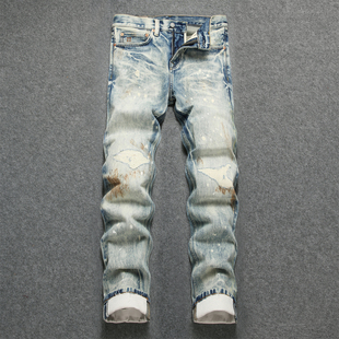 高品质潮牌破洞补丁泼墨牛仔裤男款春秋季美式高街修身直筒长裤子