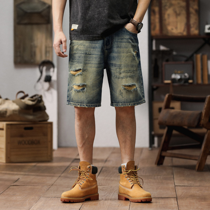 美式复古破洞牛仔短裤男潮牌宽松直筒大码五分裤休闲百搭乞丐中裤