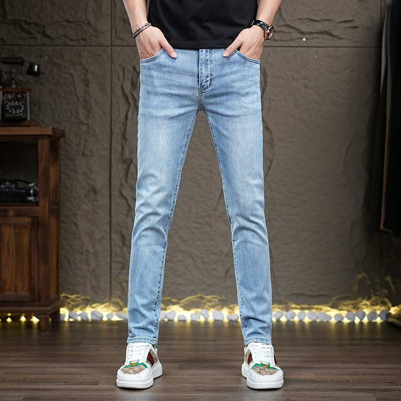 欧货高端后袋印花牛仔裤男潮牌弹力修身小脚九分小直筒休闲长裤子