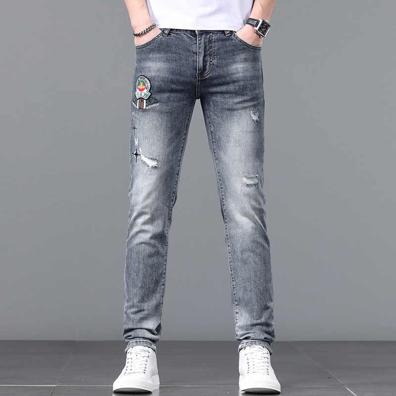 香港高端刺绣破洞复古牛仔裤男款潮牌修身小脚弹力显瘦百搭长裤子
