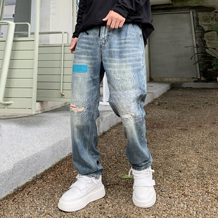 美式休闲刺绣破洞补丁印花牛仔裤男宽松直筒痞帅重磅锥形乞丐裤子