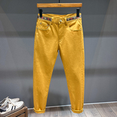 饰长裤 高端轻奢黄色九分牛仔裤 休闲百搭织带装 小脚裤 子 男痞帅修身