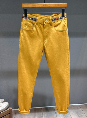 高端轻奢黄色九分牛仔裤男痞帅修身小脚裤休闲百搭织带装饰长裤子