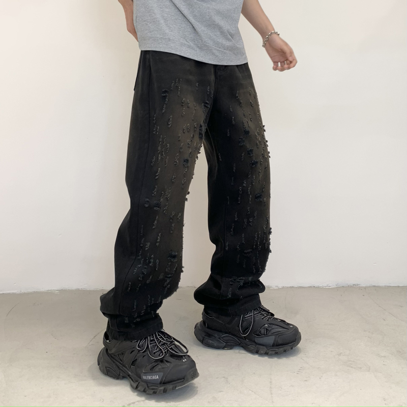 美式高街黑色破洞牛仔裤男款潮牌痞帅炸街直筒宽松做旧休闲长裤子